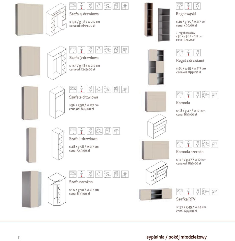 / w 217 cm cena od: 899,00 zł Komoda s 98 / g 47 / w 101 cm cena: 699,00 zł Szafa 1-drzwiowa s 48 / g 58 / w 217 cm cena: 549,00 zł Komoda szeroka s 145 / g 47