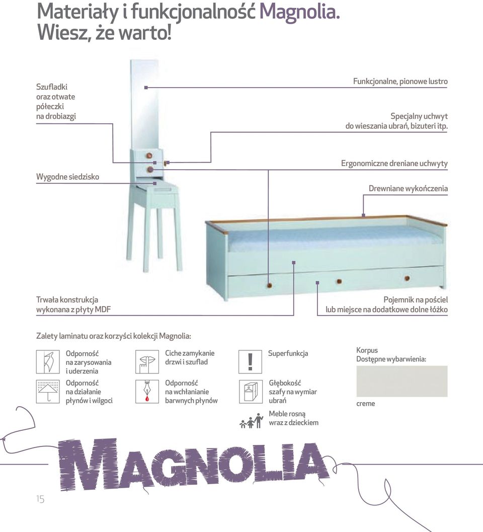 Wygodne siedzisko Ergonomiczne dreniane uchwyty Drewniane wykończenia Trwała konstrukcja wykonana z płyty MDF Pojemnik na pościel lub miejsce na dodatkowe dolne