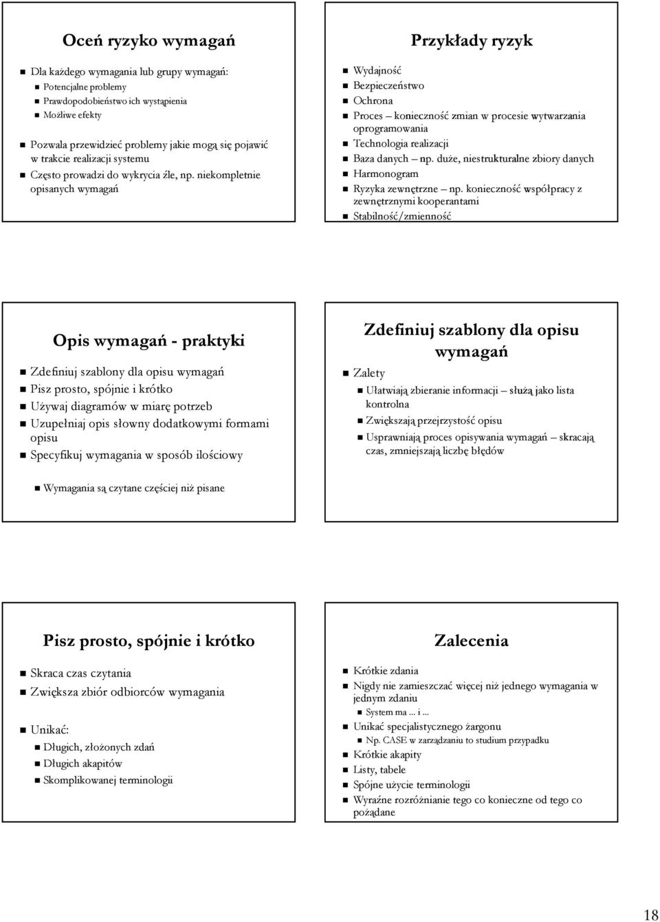 niekompletnie opisanych wymagań Przykłady ryzyk Wydajność Bezpieczeństwo Ochrona Proces konieczność zmian w procesie wytwarzania oprogramowania Technologia realizacji Baza danych np.