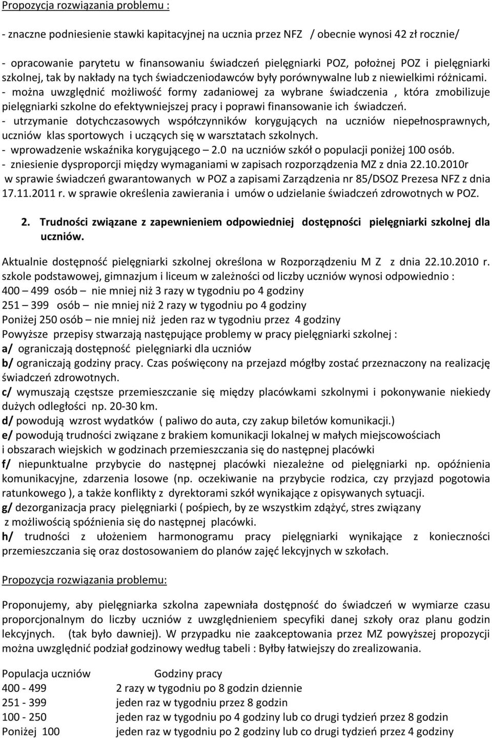 - można uwzględnić możliwość formy zadaniowej za wybrane świadczenia, która zmobilizuje pielęgniarki szkolne do efektywniejszej pracy i poprawi finansowanie ich świadczeń.