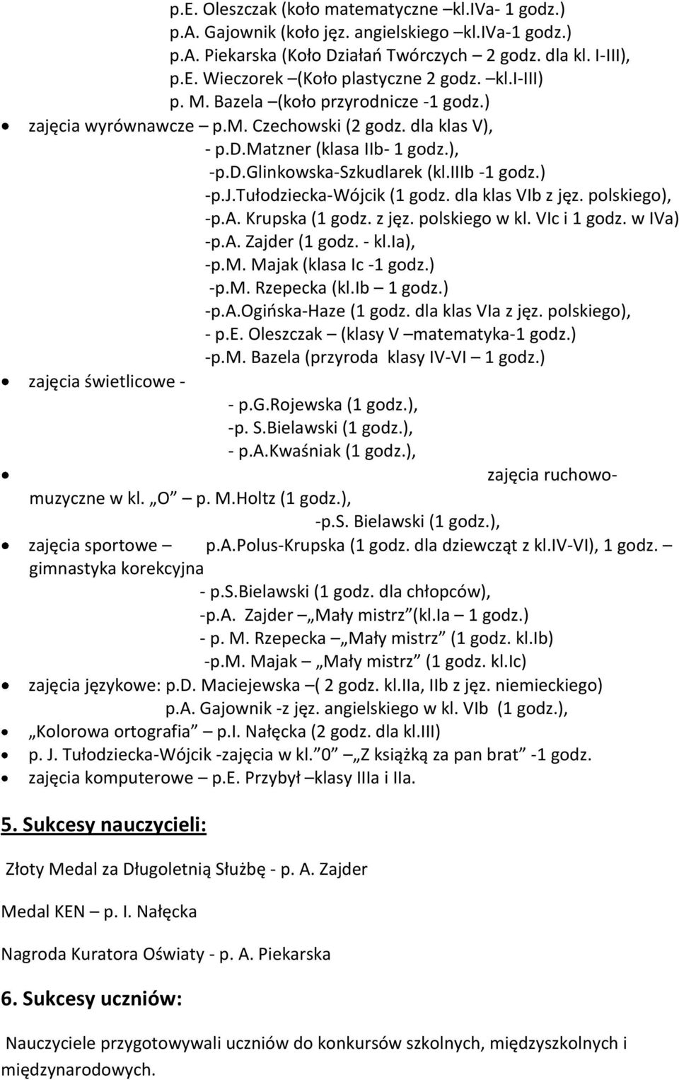 dla klas VIb z jęz. polskiego), -p.a. Krupska (1 godz. z jęz. polskiego w kl. VIc i 1 godz. w IVa) -p.a. Zajder (1 godz. - kl.ia), -p.m. Majak (klasa Ic -1 godz.) -p.m. Rzepecka (kl.ib 1 godz.) -p.a.ogioska-haze (1 godz.