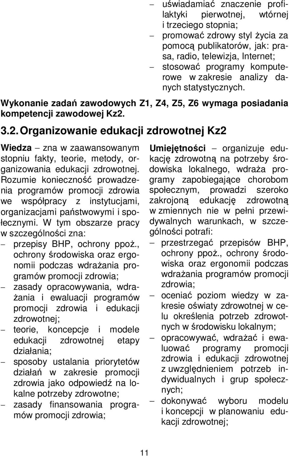 3.2. Organizowanie edukacji zdrowotnej Kz2 Wiedza zna w zaawansowanym stopniu fakty, teorie, metody, organizowania edukacji zdrowotnej.