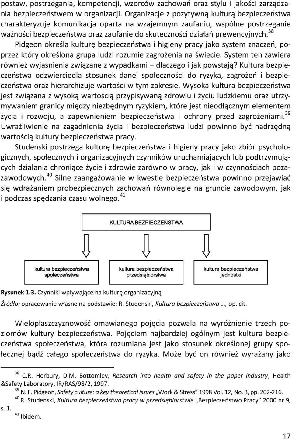 prewencyjnych. 38 Pidgeon określa kulturę bezpieczeństwa i higieny pracy jako system znaczeń, poprzez który określona grupa ludzi rozumie zagrożenia na świecie.