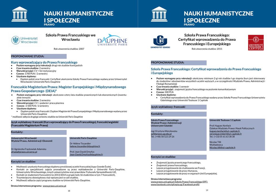 CV + list motywacyjny Czesne: 1700 PLN / 2 semestry Dyplom polski oraz francuski: Certyfikat ukończenia Szkoły Prawa Francuskiego wydany przez Uniwersytet Wrocławski i Université Paris-Dauphine