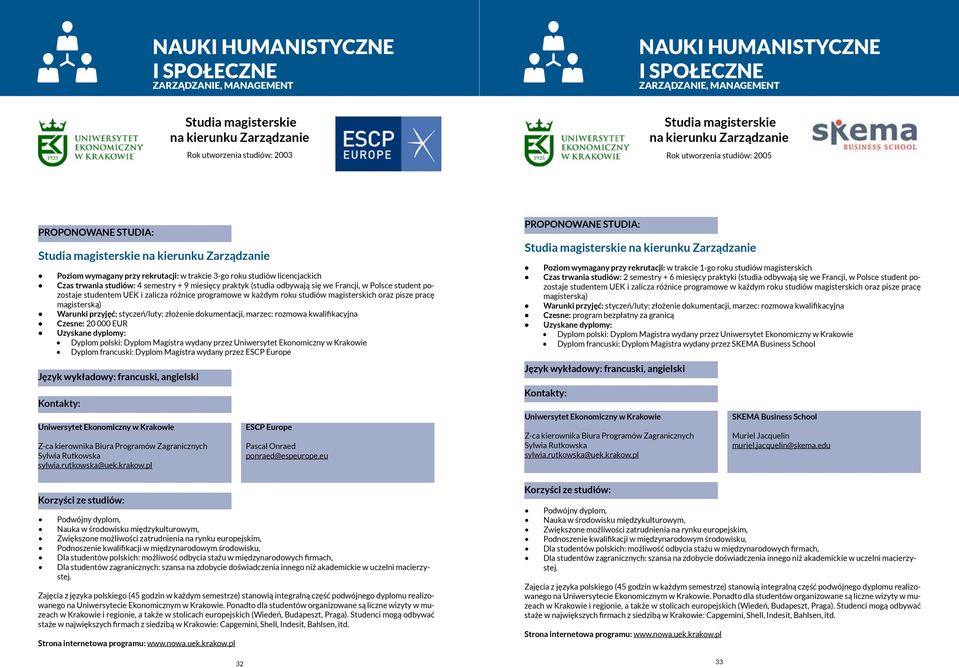 w Polsce student pozostaje studentem UEK i zalicza różnice programowe w każdym roku studiów magisterskich oraz pisze pracę magisterską) Warunki przyjęć: styczeń/luty: złożenie dokumentacji, marzec: