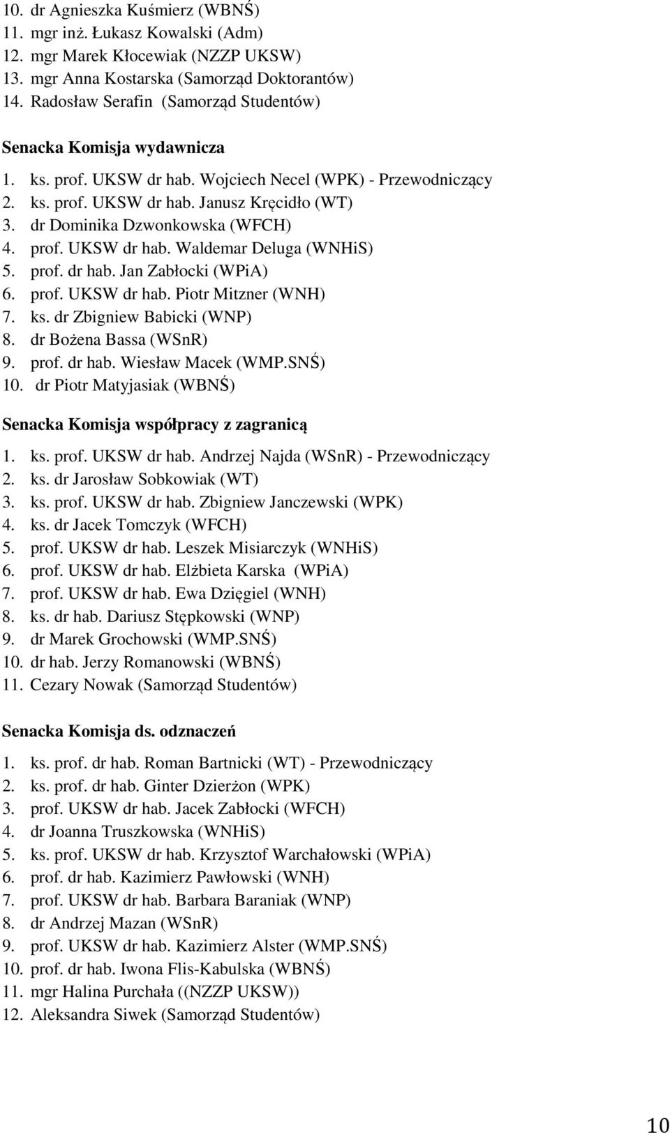 dr Dominika Dzwonkowska (WFCH) 4. prof. UKSW dr hab. Waldemar Deluga (WNHiS) 5. prof. dr hab. Jan Zabłocki (WPiA) 6. prof. UKSW dr hab. Piotr Mitzner (WNH) 7. ks. dr Zbigniew Babicki (WNP) 8.