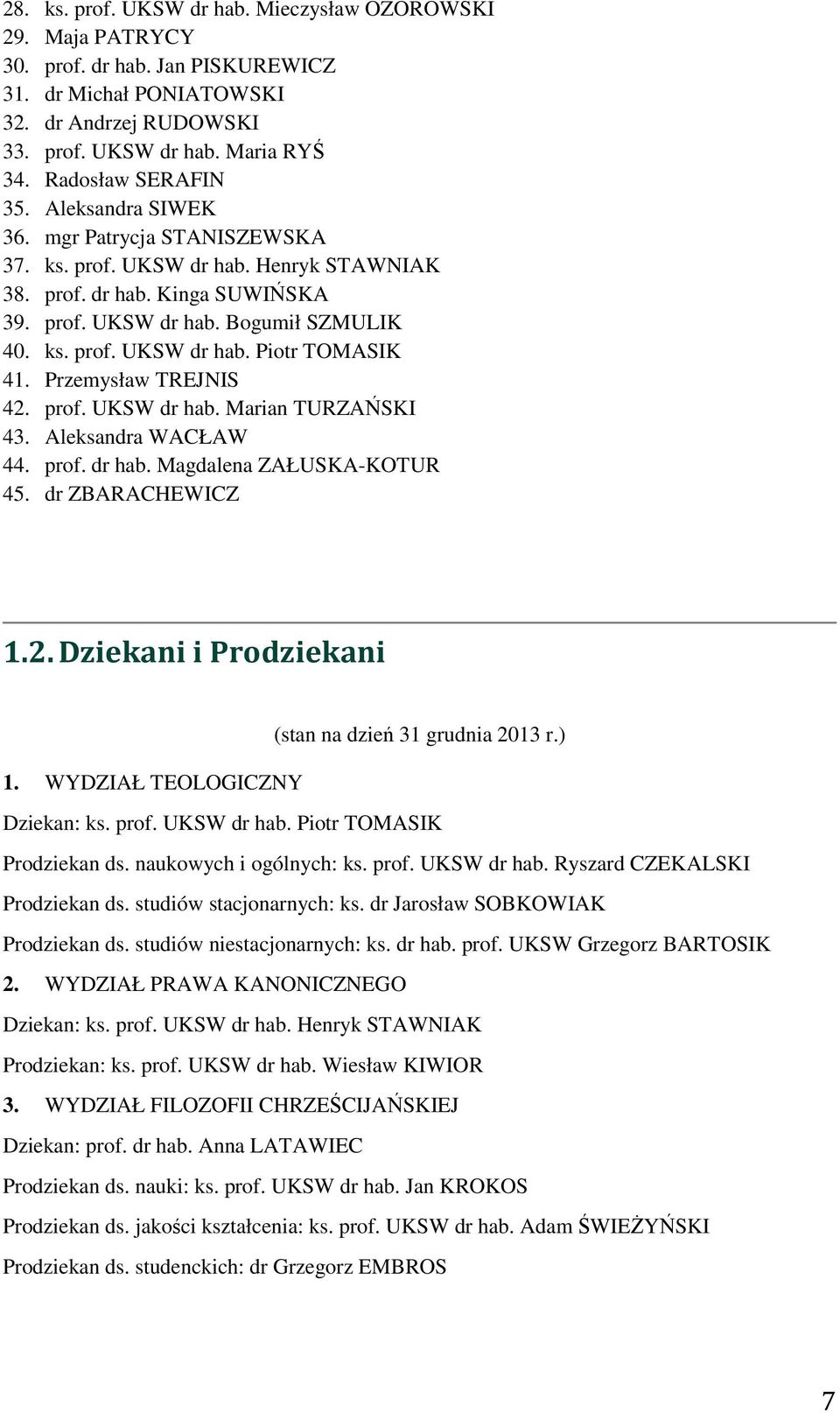 Przemysław TREJNIS 42. prof. UKSW dr hab. Marian TURZAŃSKI 43. Aleksandra WACŁAW 44. prof. dr hab. Magdalena ZAŁUSKA-KOTUR 45. dr ZBARACHEWICZ 1.2. Dziekani i Prodziekani (stan na dzień 31 grudnia 2013 r.