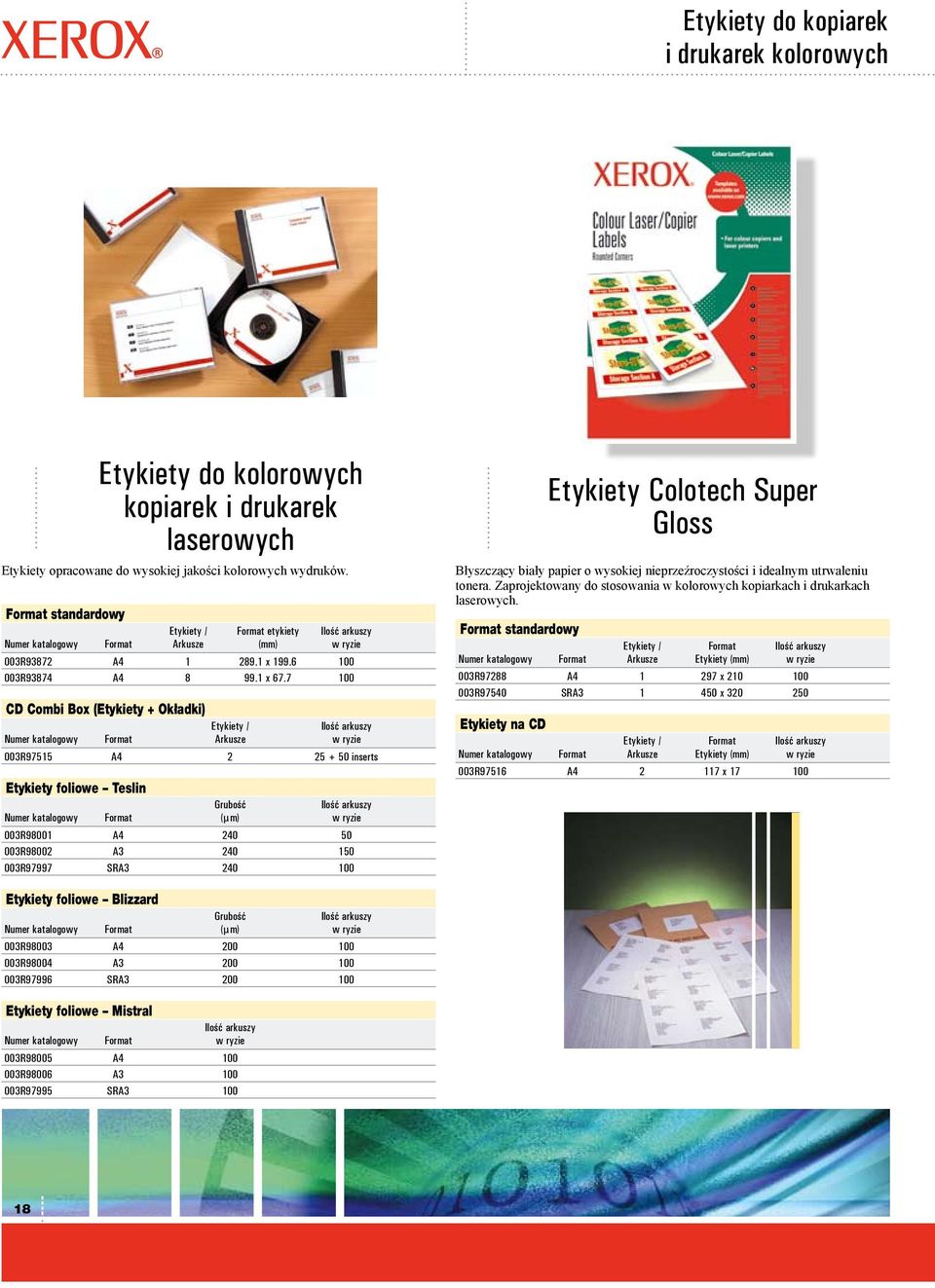 7 100 CD Combi Box (Etykiety + Okładki) Numer katalogowy Format Etykiety / Arkusze 003R97515 A4 2 25 + 50 inserts Etykiety foliowe Teslin Numer katalogowy Etykiety do kolorowych kopiarek i drukarek