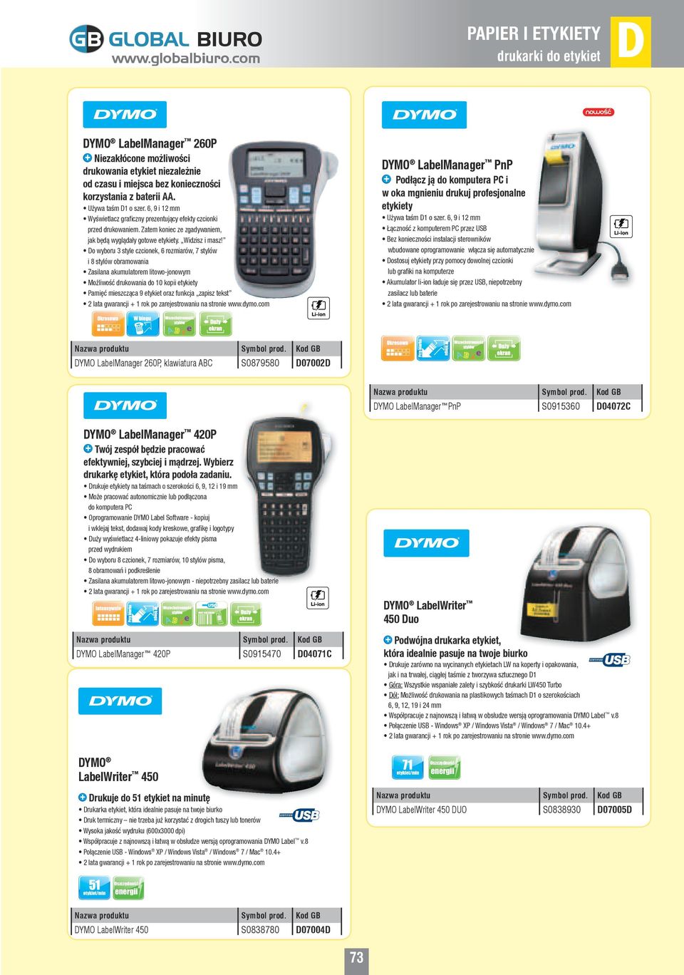 6, 9 i 12 mm etykiety Łączność z komputerem PC przez USB Używa taśm 1 o szer. 6, 9 i 12 mm Wyświetlacz graficzny prezentujący efekty czcionki przed drukowaniem.