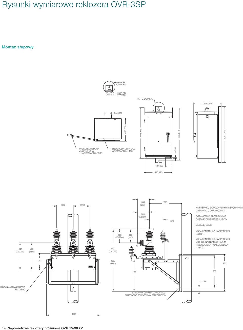 475 [394] [394] 356 (38kV) 305 (15/27kV) 763 320 NA RYSUNKU Z OPCJONALNYMI WSPORNIKAMI DO MONTAŻU OGRANICZNIKA OGRANICZNIKI PRZEPIĘCIOWE DOSTARCZANE PRZEZ KLIENTA WYMIARY W MM 643 (15/27kV) 760