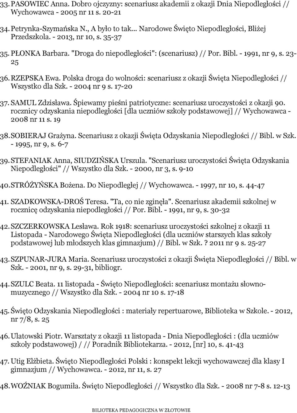 Polska droga do wolności: scenariusz z okazji Święta Niepodległości // Wszystko dla Szk. - 2004 nr 9 s. 17-20 37. SAMUL Zdzisława. Śpiewamy pieśni patriotyczne: scenariusz uroczystości z okazji 90.