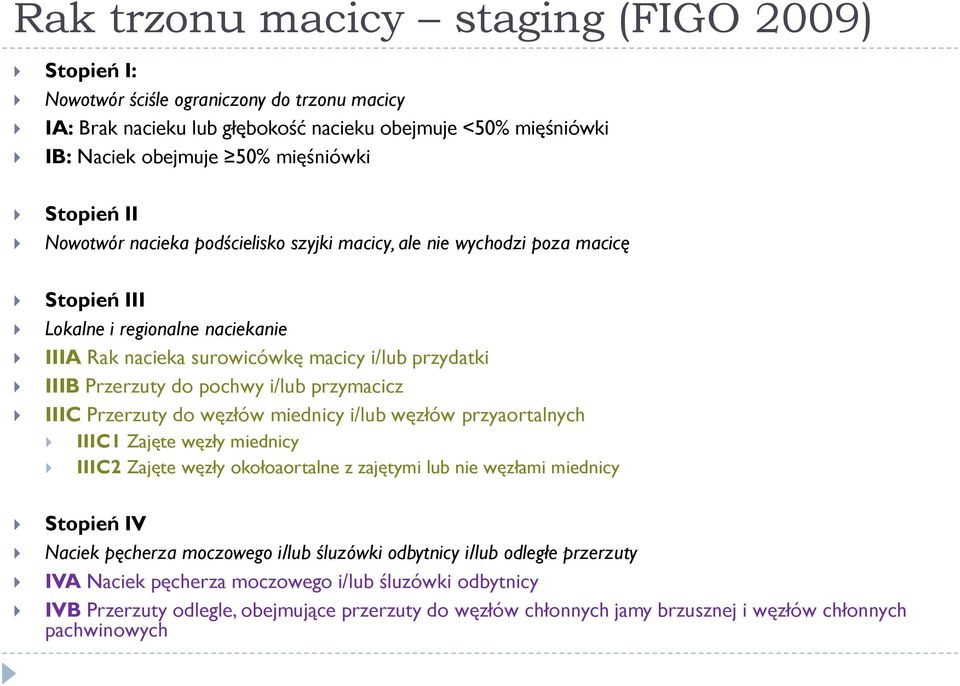 pochwy i/lub przymacicz IIIC Przerzuty do węzłów miednicy i/lub węzłów przyaortalnych IIIC1 Zajęte węzły miednicy IIIC2 Zajęte węzły okołoaortalne z zajętymi lub nie węzłami miednicy Stopień IV