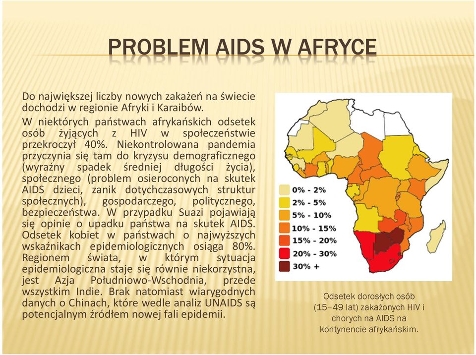 Niekontrolowana pandemia przyczynia się tam do kryzysu demograficznego (wyraźny spadek średniej długości życia), społecznego (problem osieroconych na skutek AIDS dzieci, zanik dotychczasowych