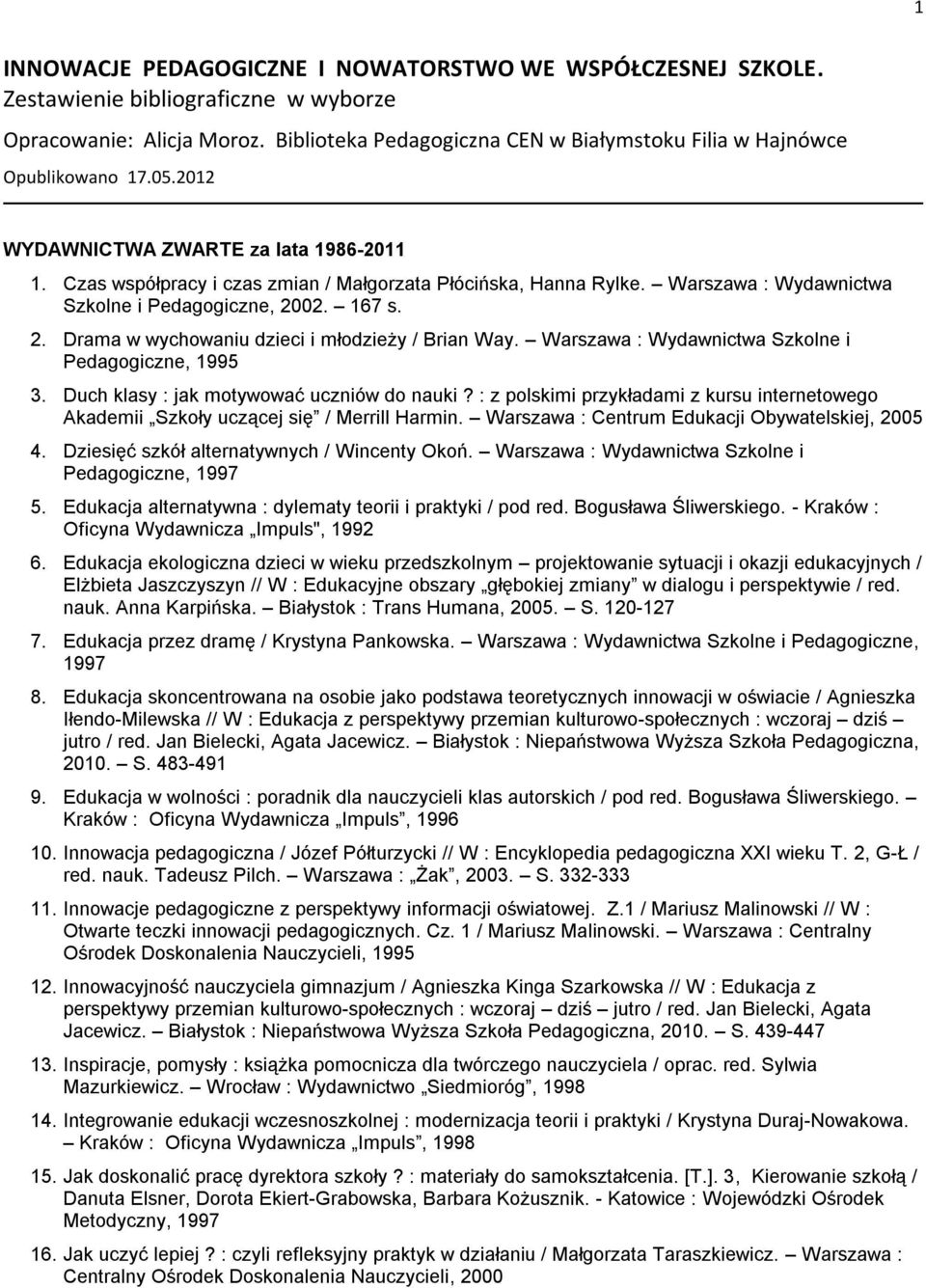 Warszawa : Wydawnictwa Szkolne i Pedagogiczne, 2002. 167 s. 2. Drama w wychowaniu dzieci i młodzieży / Brian Way. Warszawa : Wydawnictwa Szkolne i Pedagogiczne, 1995 3.