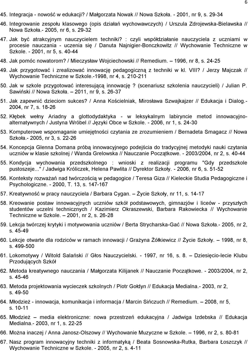 : czyli współdziałanie nauczyciela z uczniami w procesie nauczania - uczenia się / Danuta Najnigier-Bonczkowitz // Wychowanie Techniczne w Szkole. - 2001, nr 5, s. 40-44 48. Jak pomóc nowatorom?