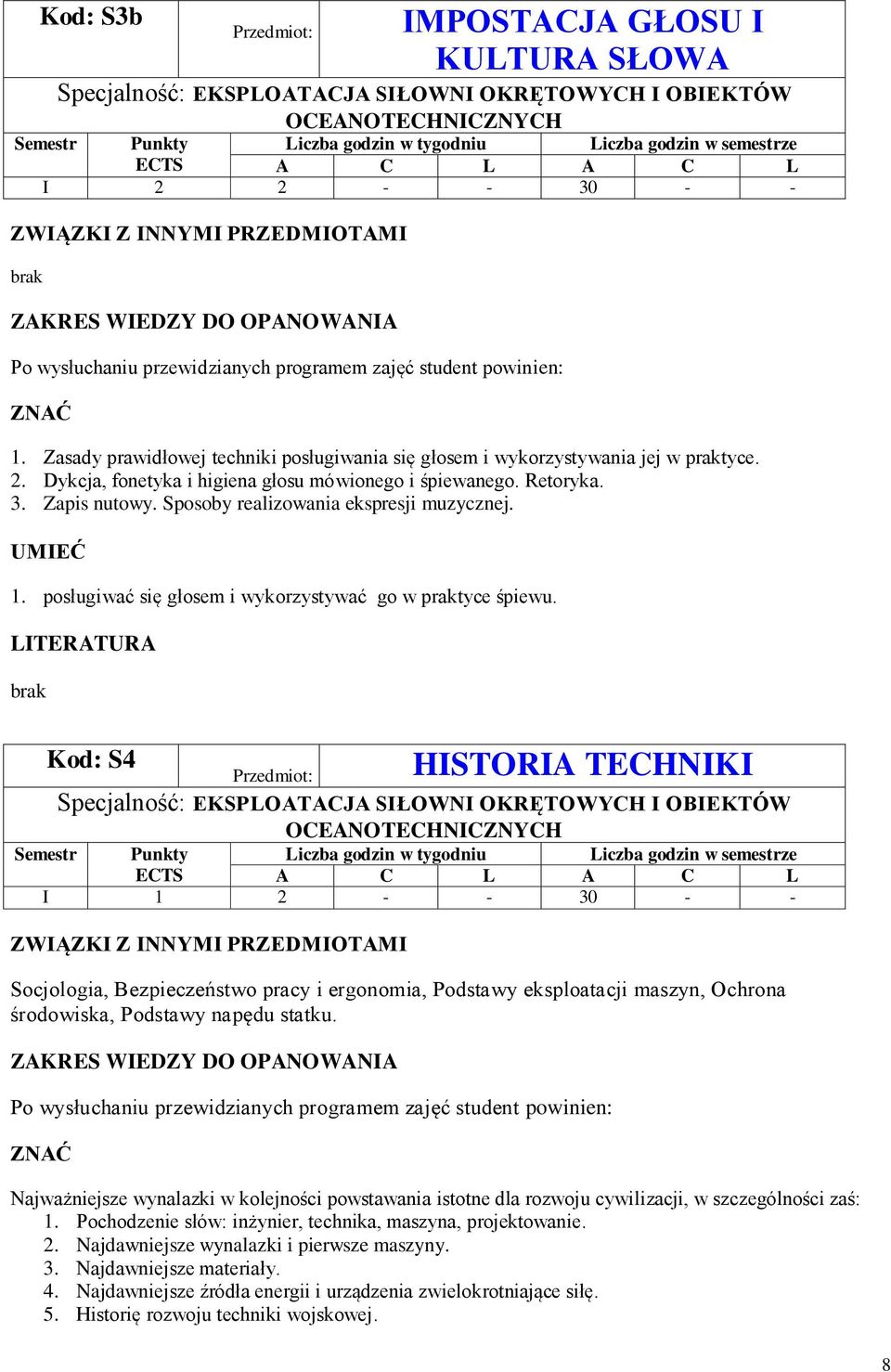 LITERATURA brak Kod: S Przedmiot: HISTORIA TECHNIKI Semestr Punkty A C L A C L I 1 - - 30 - - Socjologia, Bezpieczeństwo pracy i ergonomia, Podstawy eksploatacji maszyn, Ochrona środowiska, Podstawy