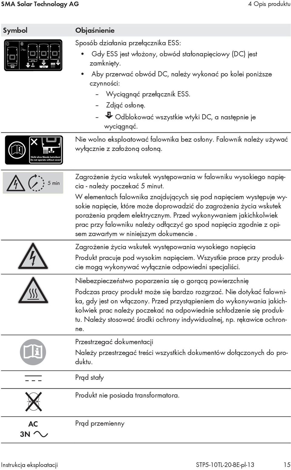 Nie wolno eksploatować falownika bez osłony. Falownik należy używać wyłącznie z założoną osłoną. Zagrożenie życia wskutek występowania w falowniku wysokiego napięcia - należy poczekać 5 minut.