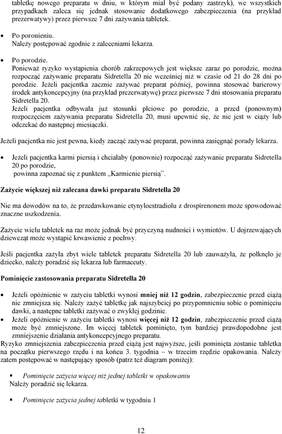 Ponieważ ryzyko wystąpienia chorób zakrzepowych jest większe zaraz po porodzie, można rozpocząć zażywanie preparatu Sidretella 20 nie wcześniej niż w czasie od 21 do 28 dni po porodzie.