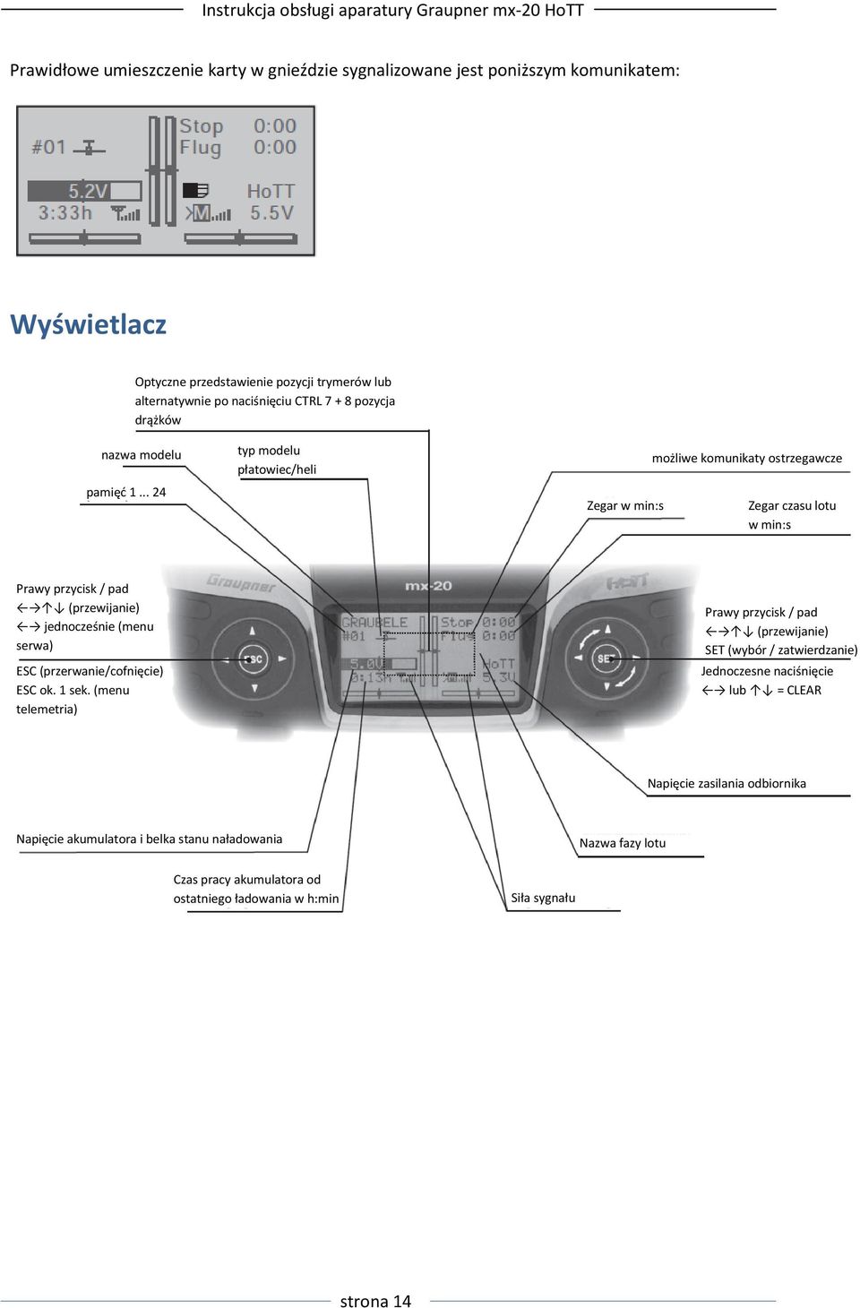 .. 24 typ modelu płatowiec/heli Zegar w min:s możliwe komunikaty ostrzegawcze Zegar czasu lotu w min:s Prawy przycisk / pad (przewijanie) jednocześnie (menu serwa) ESC