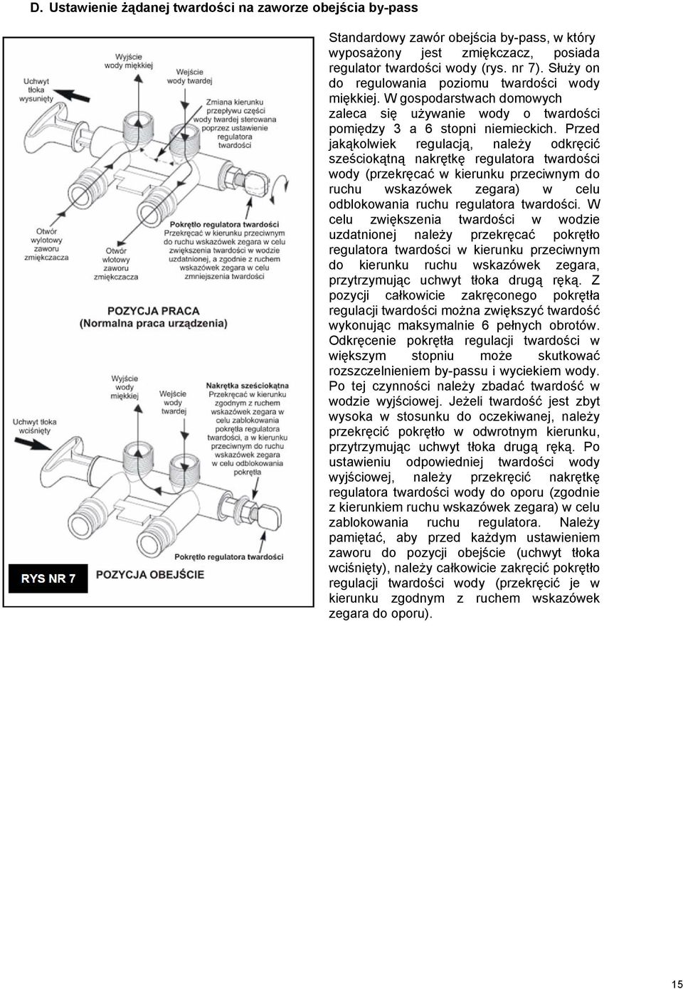 Przed jakąkolwiek regulacją, należy odkręcić sześciokątną nakrętkę regulatora twardości wody (przekręcać w kierunku przeciwnym do ruchu wskazówek zegara) w celu odblokowania ruchu regulatora