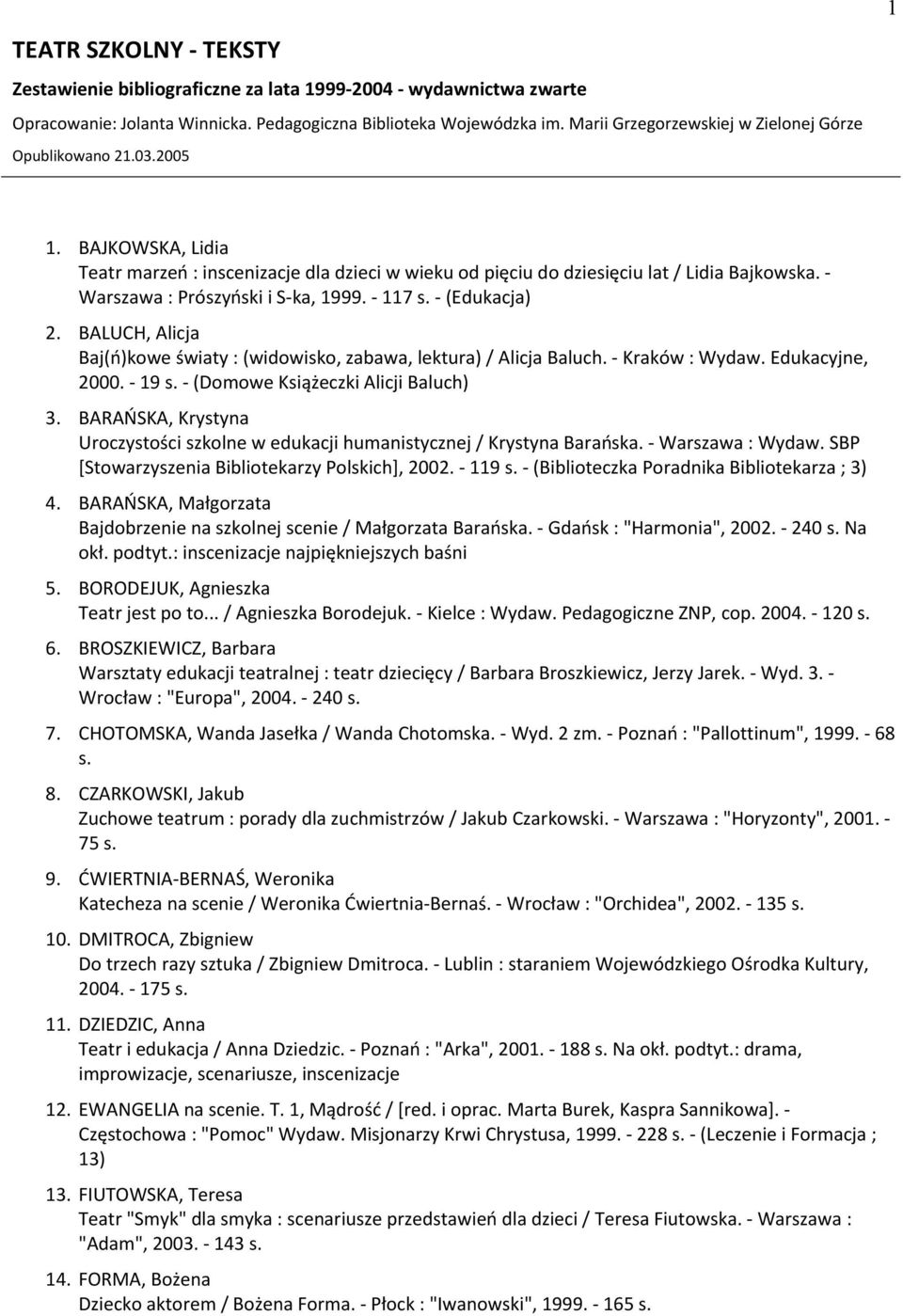 - Warszawa : Prószyński i S-ka, 1999. - 117 - (Edukacja) 2. BALUCH, Alicja Baj(ń)kowe światy : (widowisko, zabawa, lektura) / Alicja Baluch. - Kraków : Wydaw. Edukacyjne, 2000.