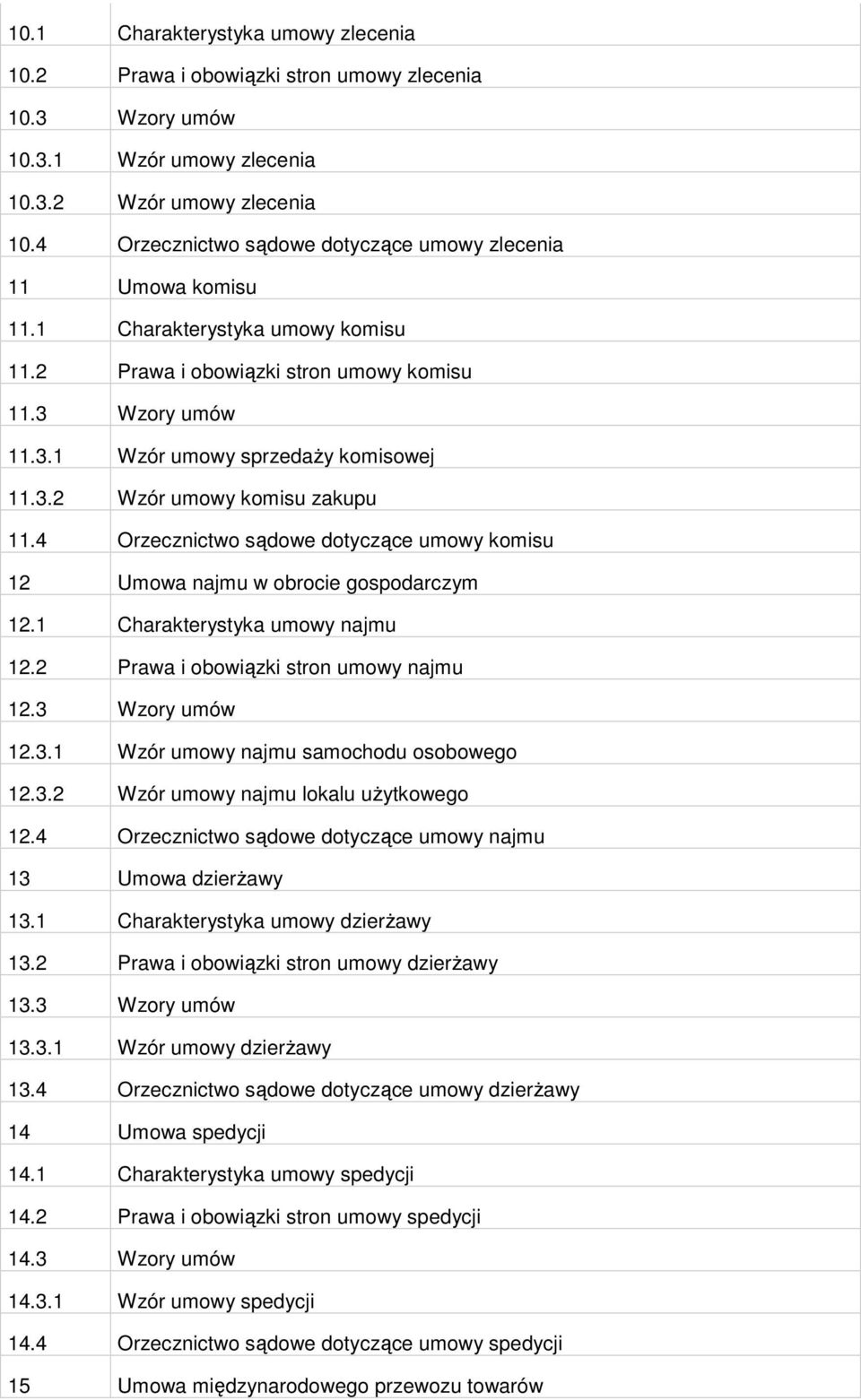 4 Orzecznictwo sądowe dotyczące umowy komisu 12 Umowa najmu w obrocie gospodarczym 12.1 Charakterystyka umowy najmu 12.2 Prawa i obowiązki stron umowy najmu 12.3 