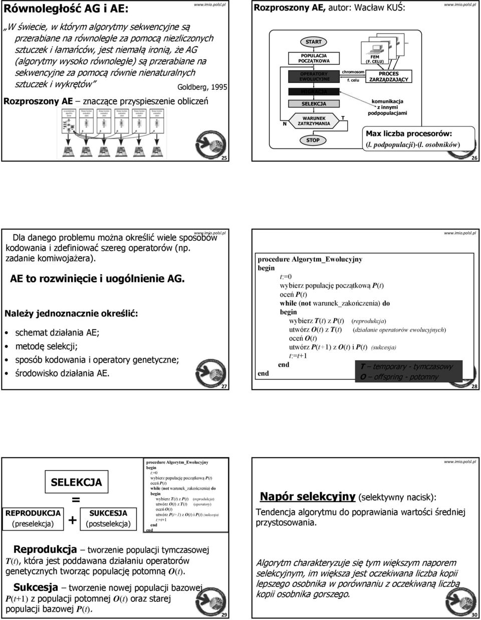 obliczeń N START POPULACJA POCZĄTKOWA OPERATORY EWOLUCYJNE MIGRACJA SELEKCJA WARUNEK ZATRZYMANIA STOP chromosom T f. celu FEM FEM (F.