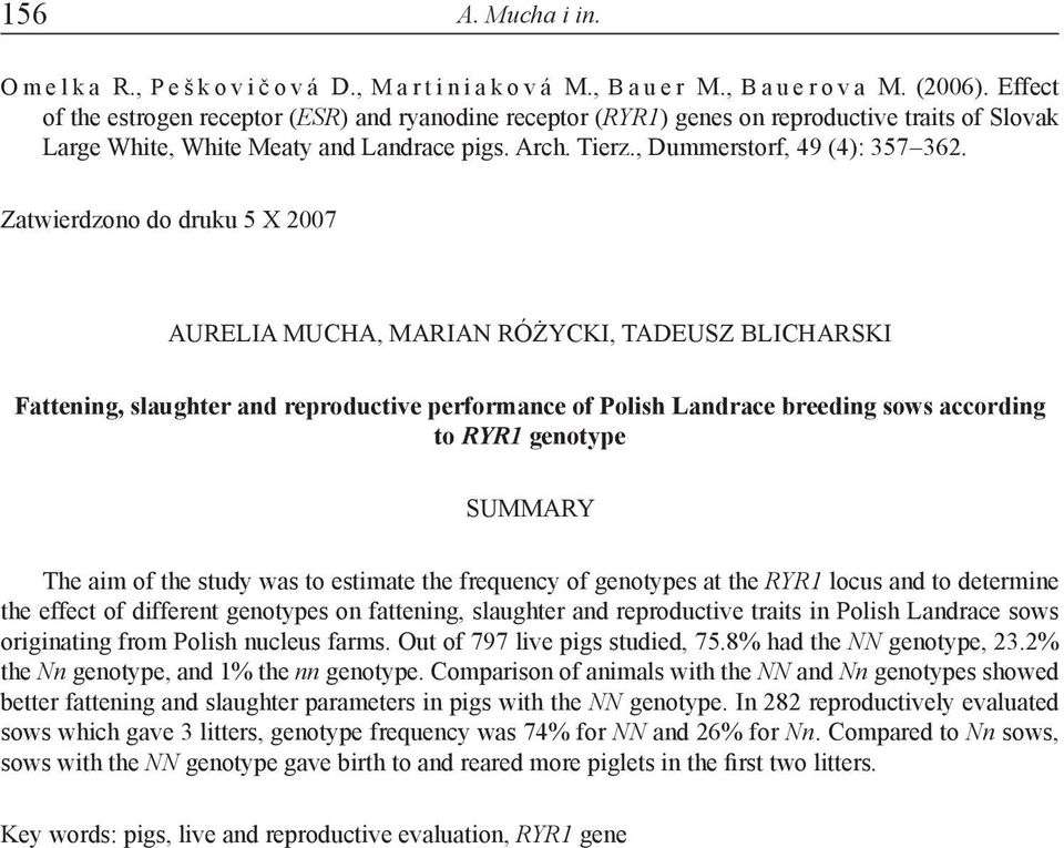 Zatwierdzono do druku 5 X 2007 AURELIA MUCHA, MARIAN RÓŻYCKI, TADEUSZ BLICHARSKI Fattening, slaughter and reproductive performance of Polish Landrace breeding sows according to RYR1 genotype SUMMARY