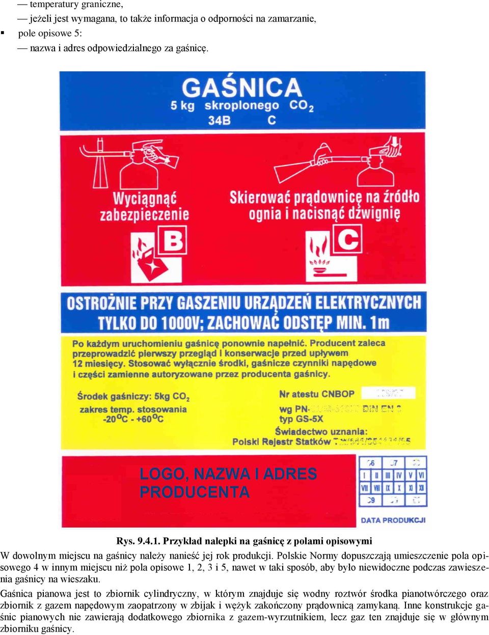 Polskie Normy dopuszczają umieszczenie pola opisowego 4 w innym miejscu niż pola opisowe 1, 2, 3 i 5, nawet w taki sposób, aby było niewidoczne podczas zawieszenia gaśnicy na wieszaku.