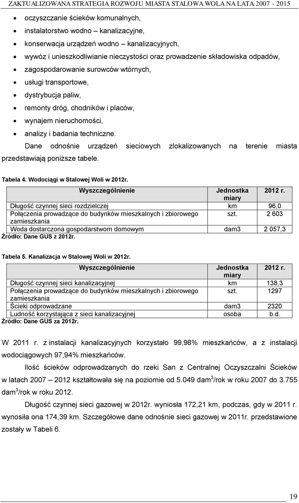 Dane odnośnie urządzeń sieciowych zlokalizowanych na terenie miasta przedstawiają poniższe tabele. Tabela 4. Wodociągi w Stalowej Woli w 2012r. Wyszczególnienie Jednostka 2012 r.