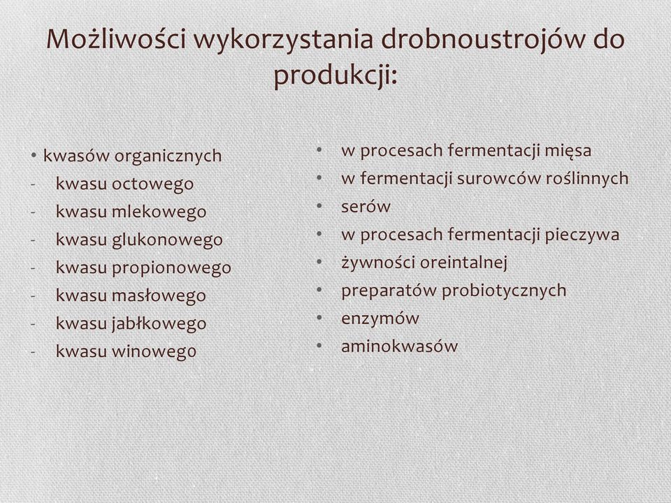 - kwasu winoweg0 w procesach fermentacji mięsa w fermentacji surowców roślinnych serów w