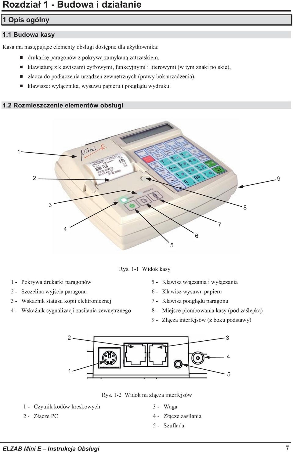 polskie), z cza do pod czenia urz dze zewn trznych (prawy bok urz dzenia), klawisze: wy cznika, wysuwu papieru i podgl du wydruku. 1.2 Rozmieszczenie elementów obs ugi 1 2 9 3 8 4 5 6 7 Rys.