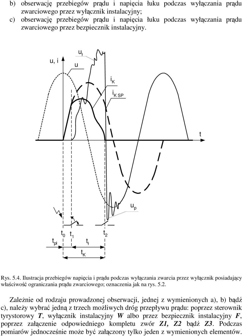 Ilstracja przebiegów napięcia i prąd podczas wyłączania zwarcia przez wyłącznik posiadający właściwość ograniczania prąd zwarciowego; oznaczenia jak na rys. 5.2.