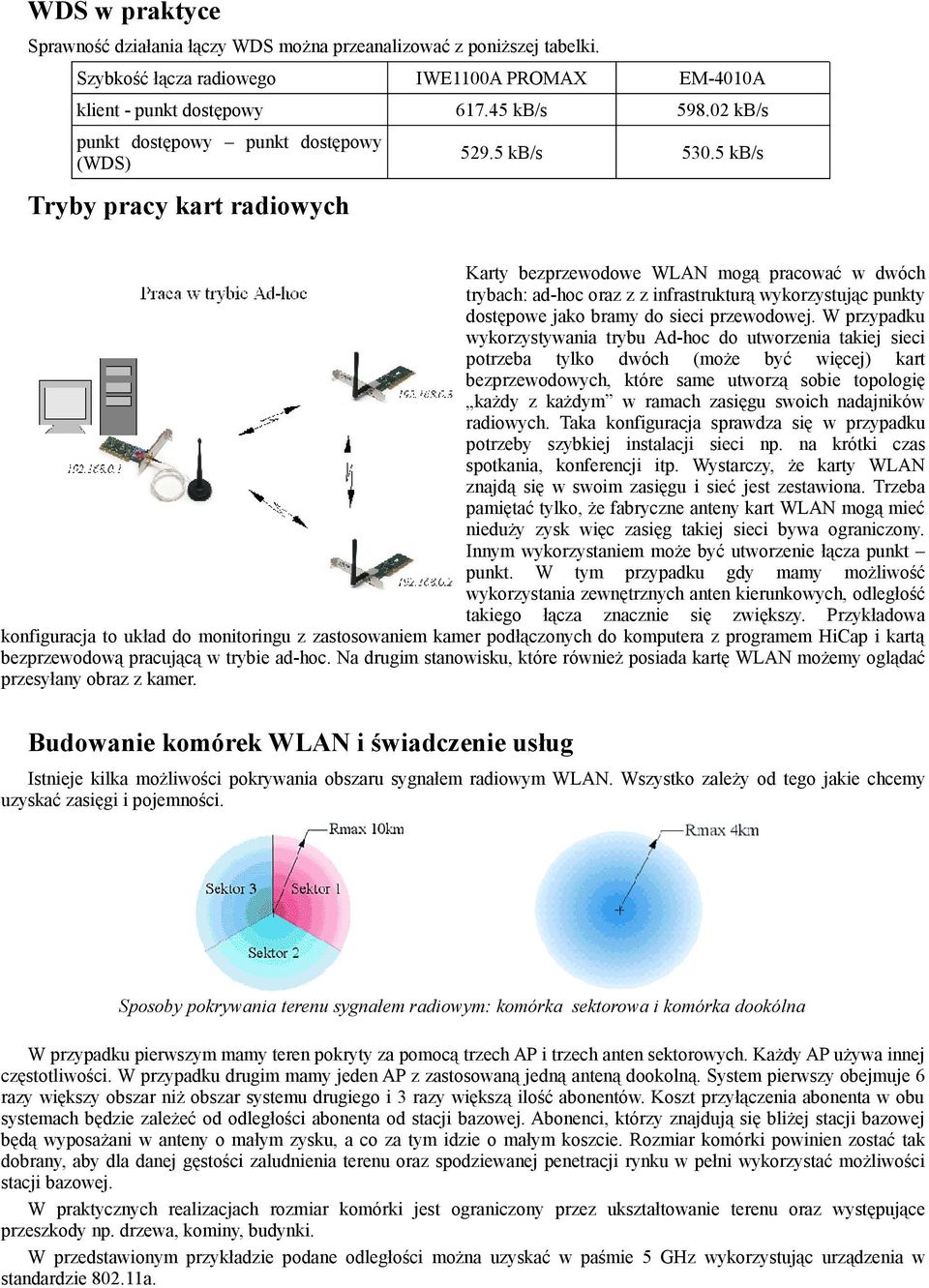 5 kb/s Karty bezprzewodowe WLAN mogą pracować w dwóch trybach: ad-hoc oraz z z infrastrukturą wykorzystując punkty dostępowe jako bramy do sieci przewodowej.