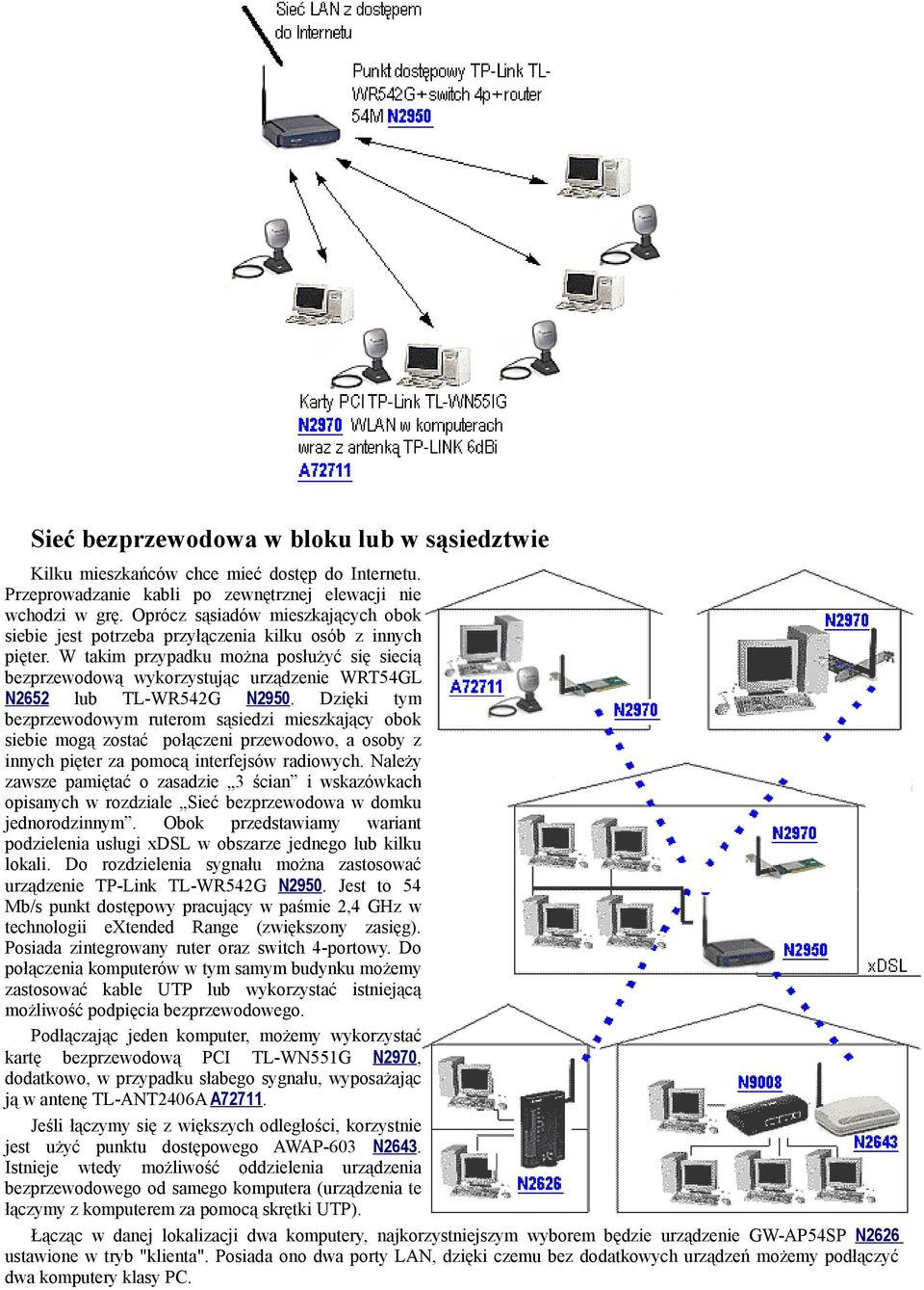 W takim przypadku można posłużyć się siecią bezprzewodową wykorzystując urządzenie WRT54GL N2652 lub TL-WR542G N2950.