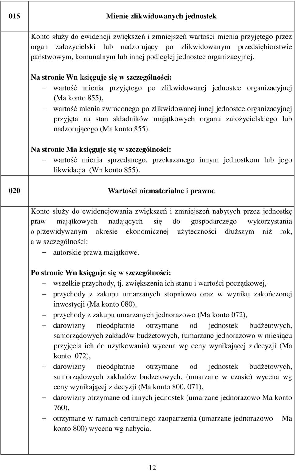 wartość mienia przyjętego po zlikwidowanej jednostce organizacyjnej (Ma konto 855), wartość mienia zwróconego po zlikwidowanej innej jednostce organizacyjnej przyjęta na stan składników majątkowych