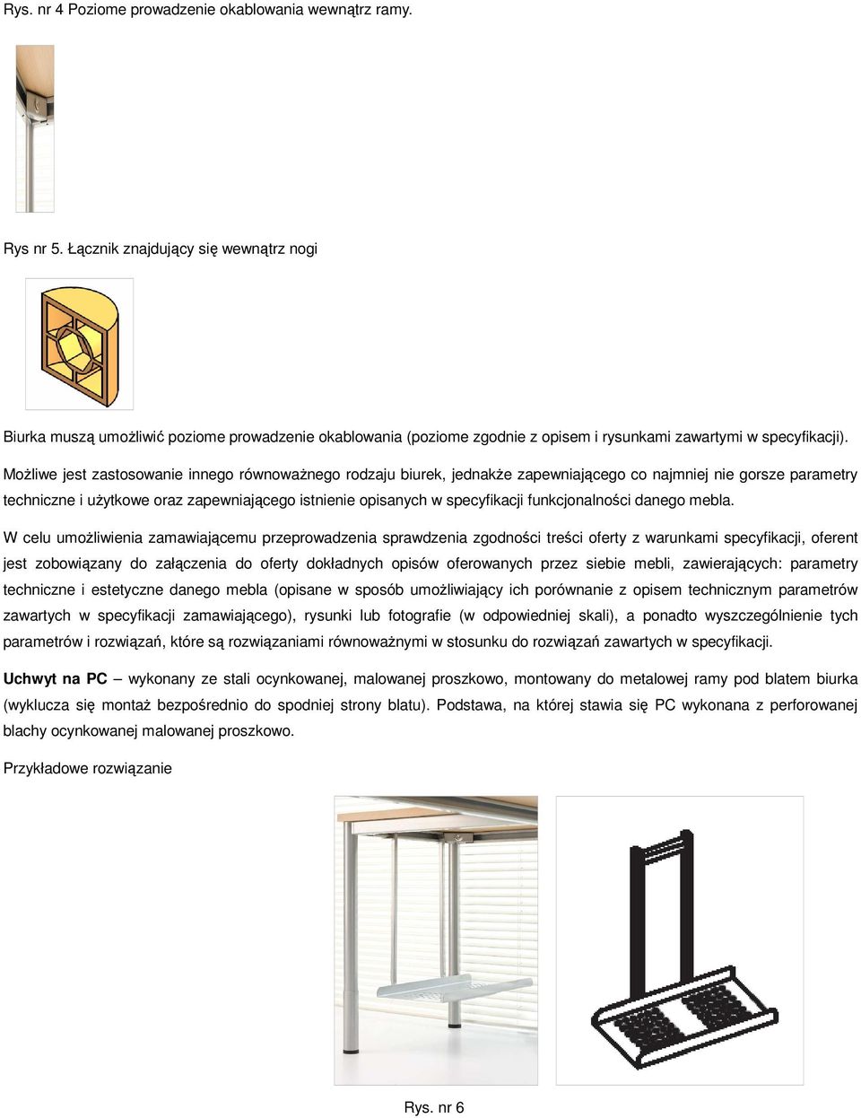 Możliwe jest zastosowanie innego równoważnego rodzaju biurek, jednakże zapewniającego co najmniej nie gorsze parametry techniczne i użytkowe oraz zapewniającego istnienie opisanych w specyfikacji