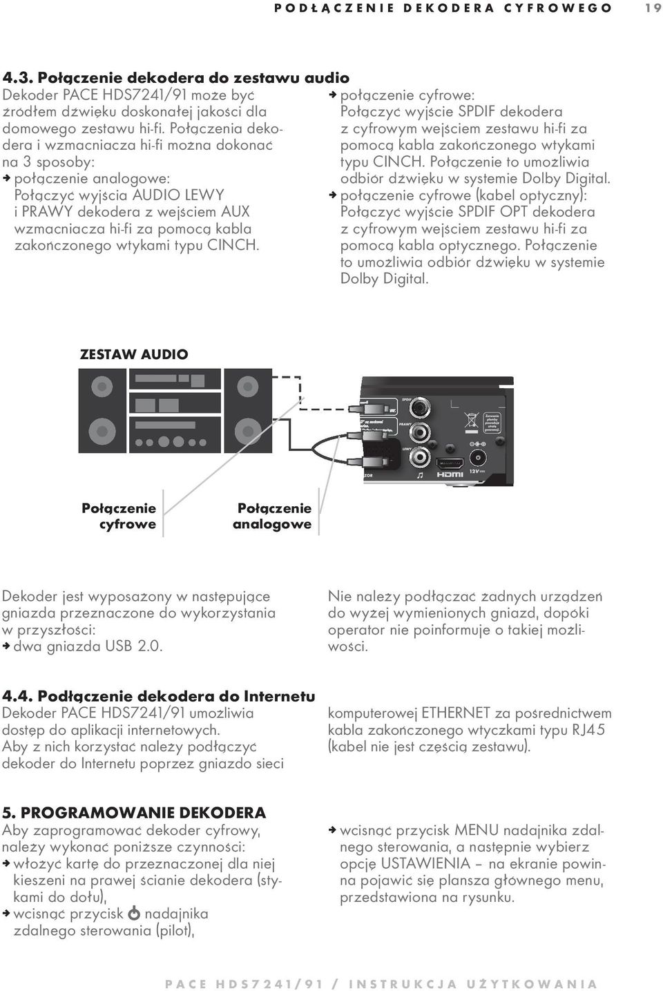 Połączenia dekodera i wzmacniacza hi-fi można dokonać pomocą kabla zakończonego wtykami z cyfrowym wejściem zestawu hi-fi za na 3 sposoby: typu CINCH.