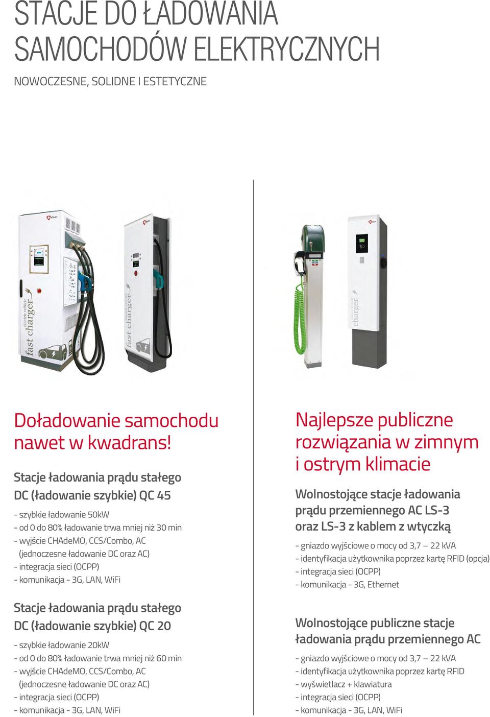 - komunikacja - 3G, LAN, WiFi Stacje ładowania prądu stałego DC (ładowanie szybkie) QC 20 - szybkie ładowanie 20kW - od 0 do 80% ładowanie trwa mniej niż 60 min - wyjście CHAdeMO, CCS/Combo, AC