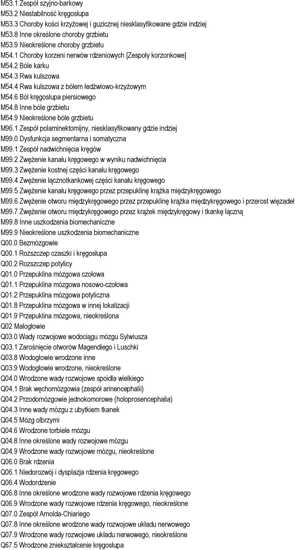 6 Ból kręgosłupa piersiowego M54.8 Inne bóle grzbietu M54.9 Nieokreślone bóle grzbietu M96.1 Zespół polaminektomijny, niesklasyfikowany gdzie indziej M99.0 Dysfunkcja segmentarna i somatyczna M99.