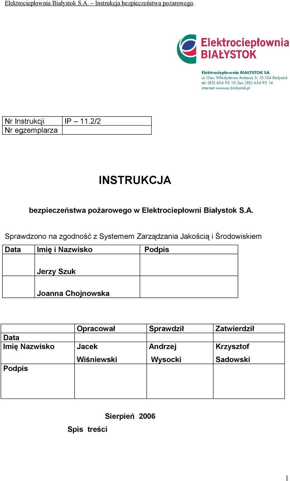 bezpieczeństwa pożarowego w Elektrociepłowni Białystok S.A.