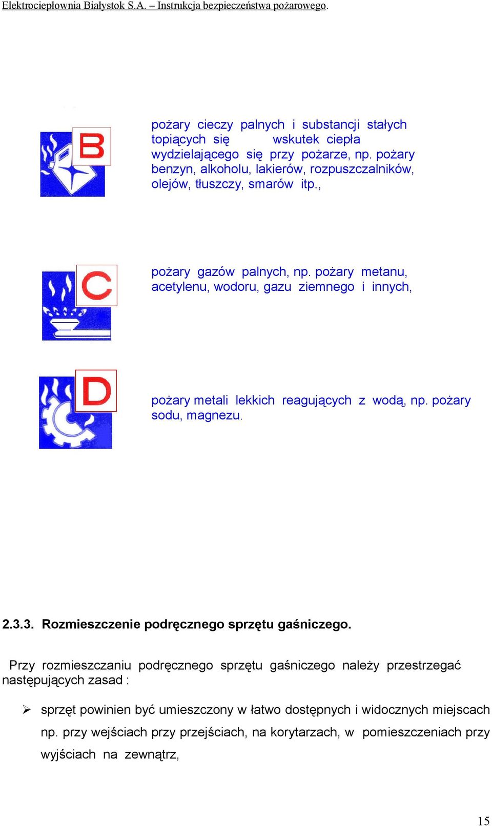 pożary metanu, acetylenu, wodoru, gazu ziemnego i innych, pożary metali lekkich reagujących z wodą, np. pożary sodu, magnezu. 2.3.