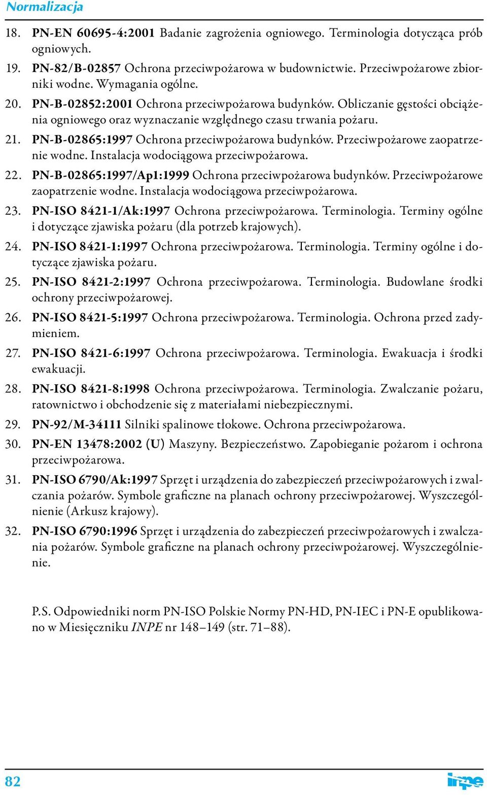 Przeciwpożarowe zaopatrzenie wodne. Instalacja wodociągowa przeciwpożarowa. 22. PN-B-02865:1997/Ap1:1999 Ochrona przeciwpożarowa budynków. Przeciwpożarowe zaopatrzenie wodne.