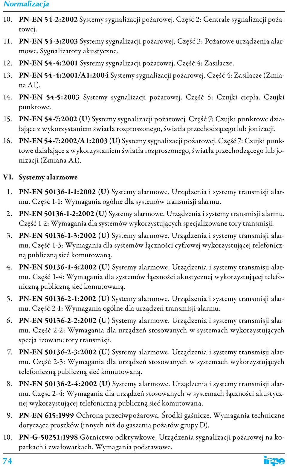 PN-EN 54-5:2003 Systemy sygnalizacji pożarowej. Część 5: Czujki ciepła. Czujki punktowe. 15. PN-EN 54-7:2002 (U) Systemy sygnalizacji pożarowej.