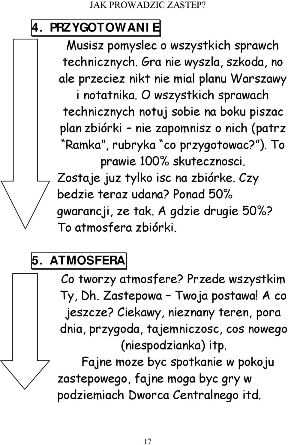 Zostaje juz tylko isc na zbiórke. Czy bedzie teraz udana? Ponad 50% gwarancji, ze tak. A gdzie drugie 50%? To atmosfera zbiórki. 5. ATMOSFERA Co tworzy atmosfere?