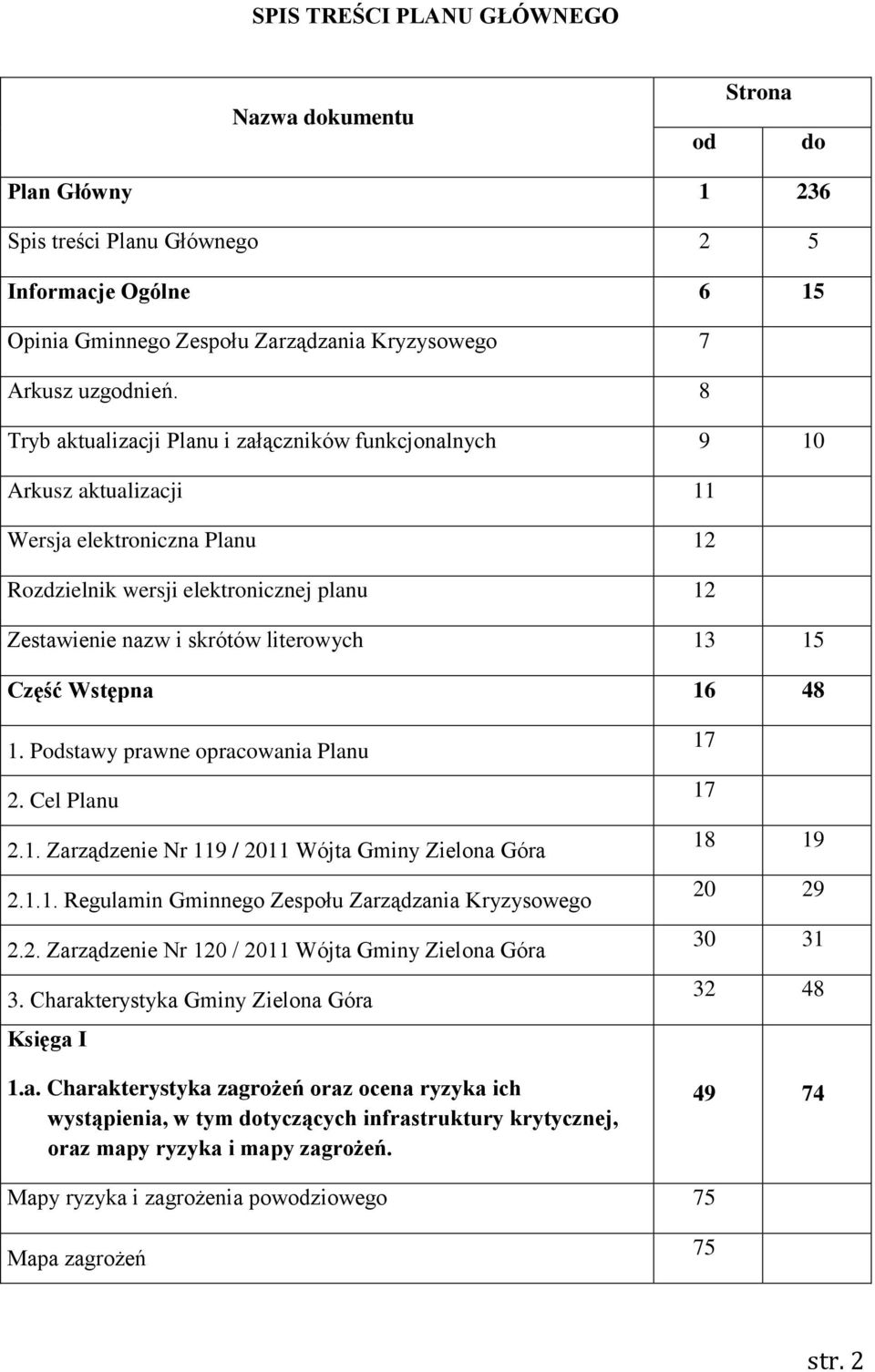 Część Wstępna 16 48 1. Podstawy prawne opracowania Planu 2. Cel Planu 2.1. Zarządzenie Nr 119 / 2011 Wójta Gminy Zielona Góra 2.1.1. Regulamin Gminnego Zespołu Zarządzania Kryzysowego 2.2. Zarządzenie Nr 120 / 2011 Wójta Gminy Zielona Góra 3.