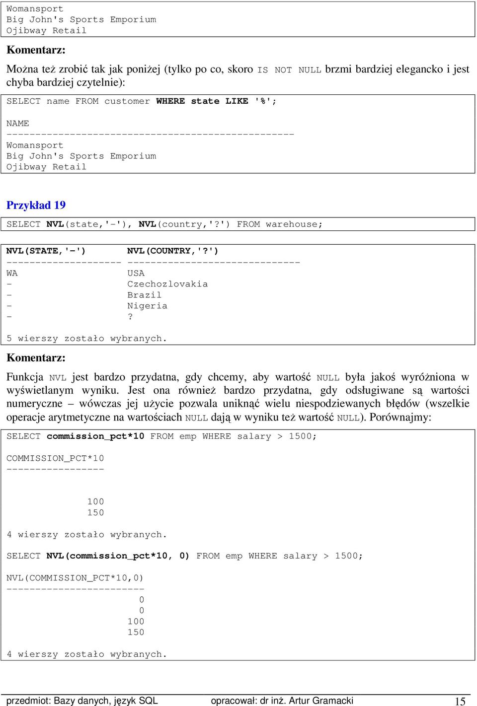 ') FROM warehouse; NVL(STATE,'-') NVL(COUNTRY,'?') -------------------- ------------------------------ WA USA - Czechozlovakia - Brazil - Nigeria -? 5 wierszy zostało wybranych.