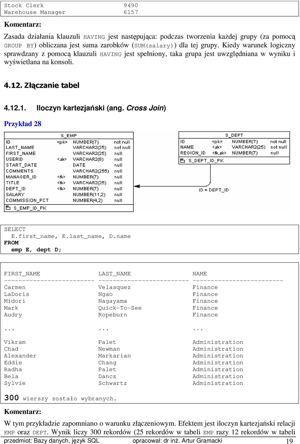 Cross Join) Przykład 28 SELECT E.first_name, E.last_name, D.