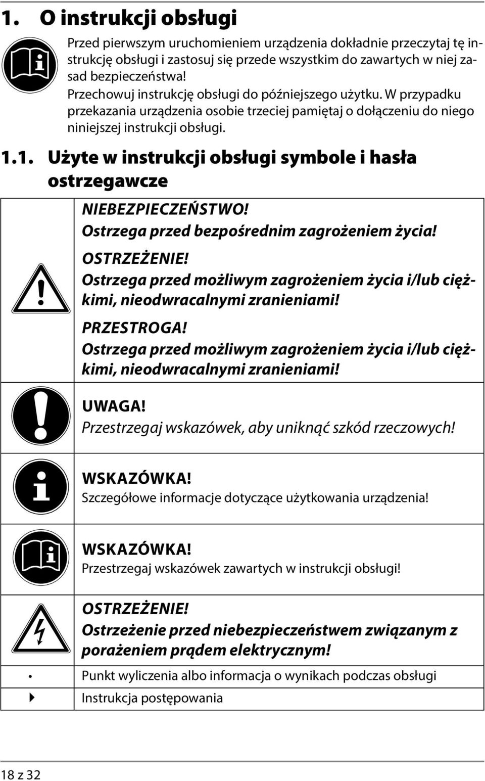 1. Użyte w instrukcji obsługi symbole i hasła ostrzegawcze NIEBEZPIECZEŃSTWO! Ostrzega przed bezpośrednim zagrożeniem życia! OSTRZEŻENIE!