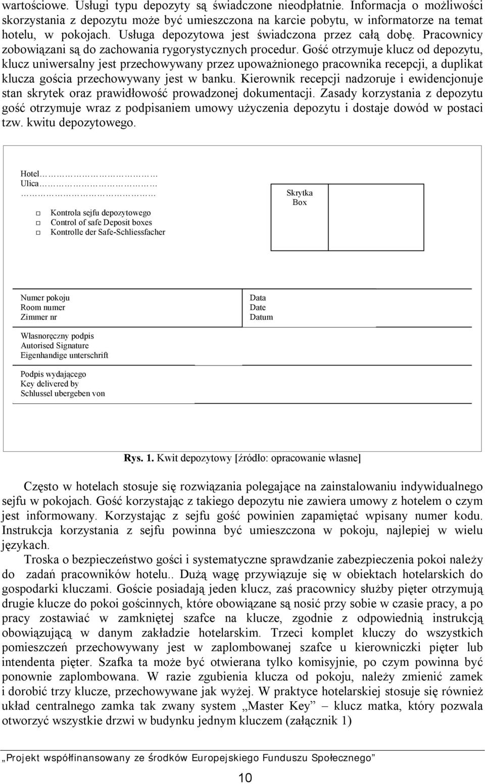 Gość otrzymuje klucz od depozytu, klucz uniwersalny jest przechowywany przez upoważnionego pracownika recepcji, a duplikat klucza gościa przechowywany jest w banku.